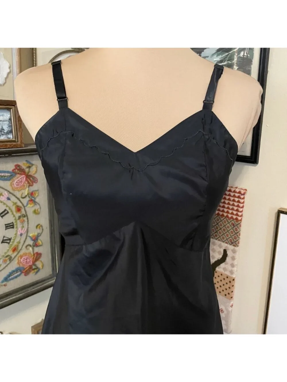 50s Vintage Opaque Black Nylon Slip Dress w/ Adjustable Straps & Side Zipper S - Picture 2 of 5